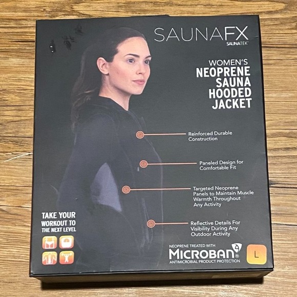 SaunaFX Neoprene Sauna Jacket Womens Large Black Hooded Reflective NIB - Picture 13 of 15